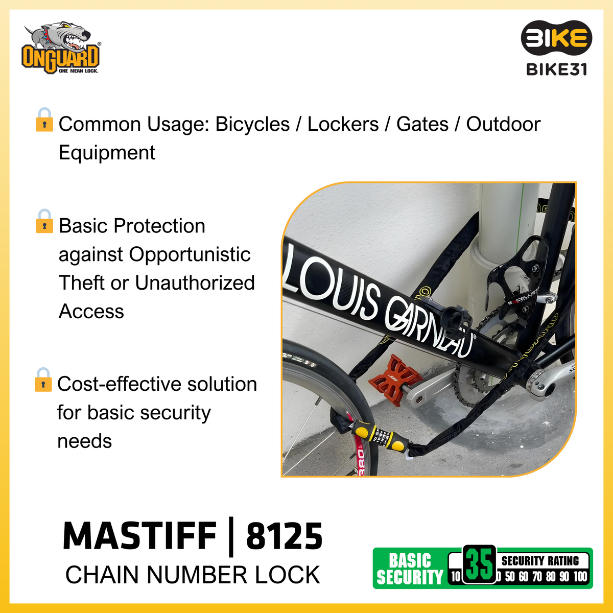 OnGuard Mastiff 8125 Bicycle Chain Number Lock (120cm x 4mm)