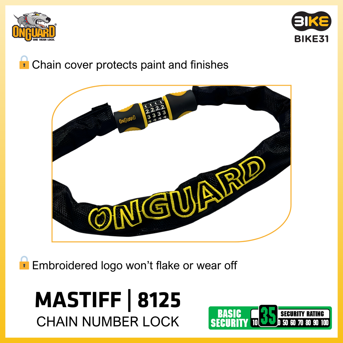 OnGuard Mastiff 8125 Bicycle Chain Number Lock (120cm x 4mm)