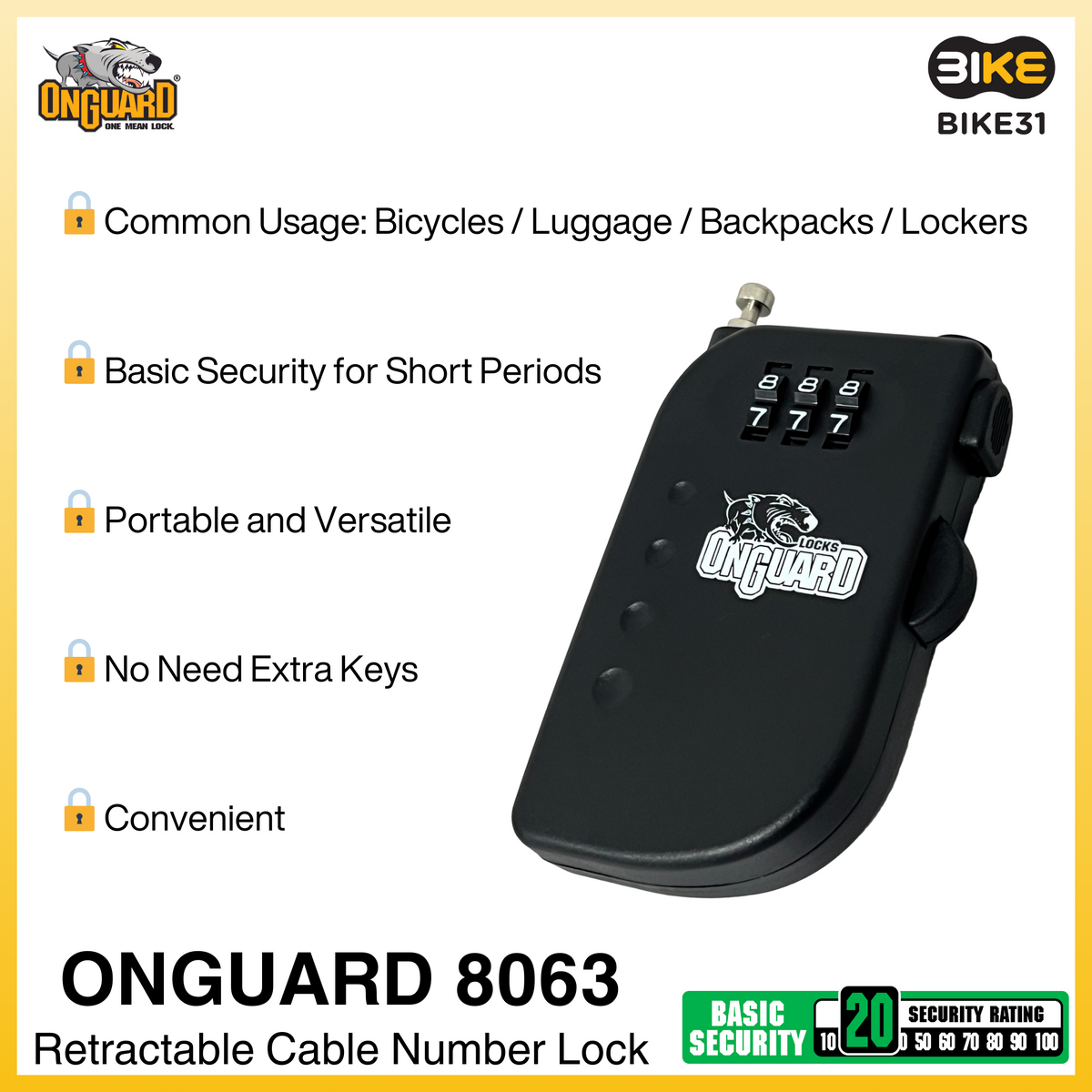 OnGuard 8063 Retractable Cable Number Bicycle Lock (90cm x 2mm dia)