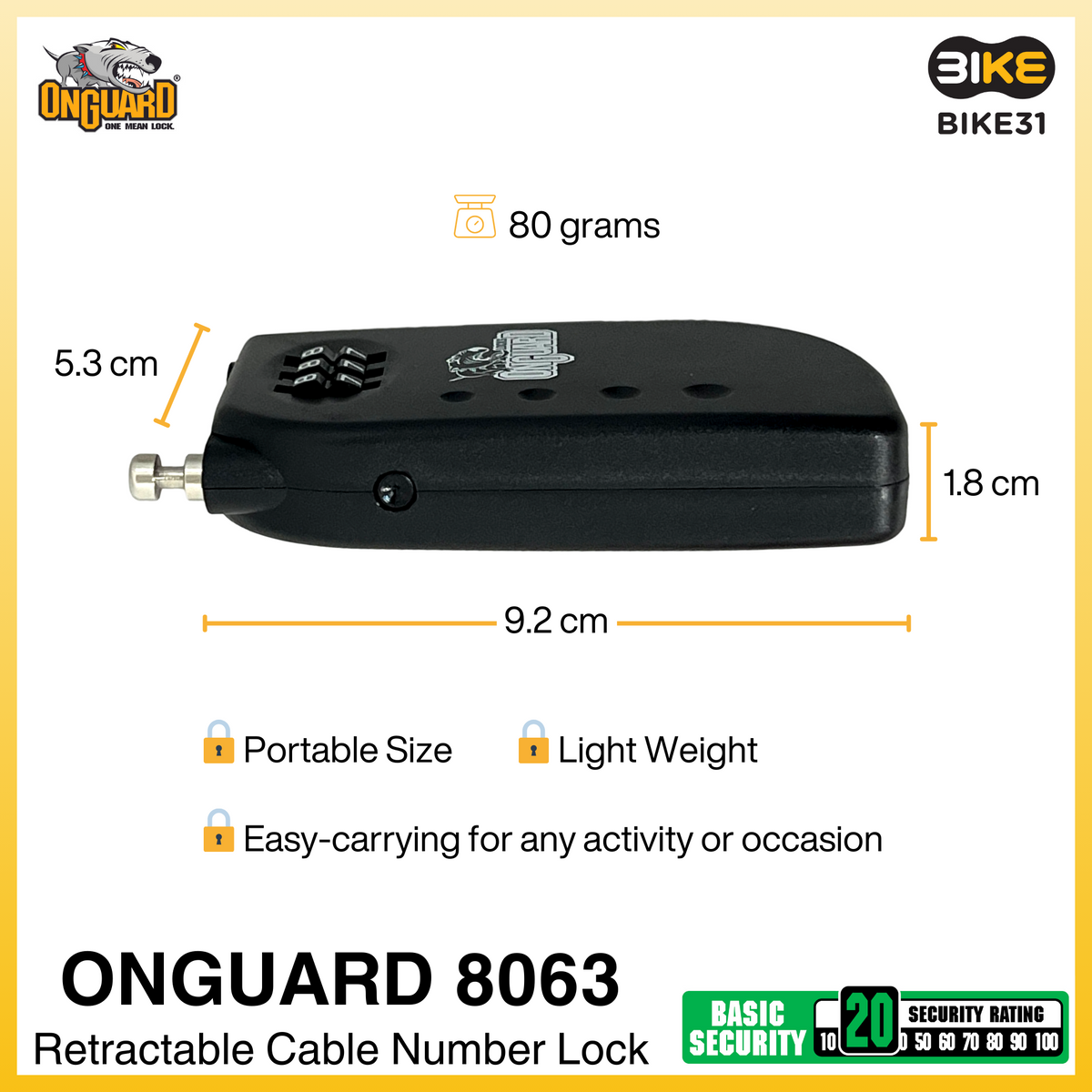 OnGuard 8063 Retractable Cable Number Bicycle Lock (90cm x 2mm dia)