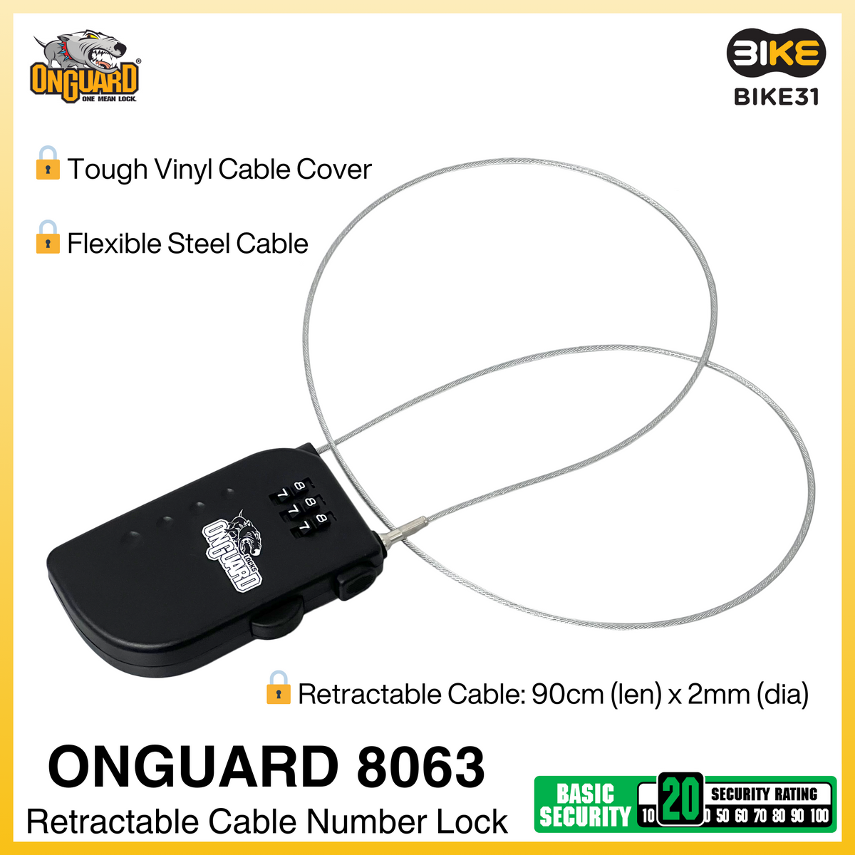 OnGuard 8063 Retractable Cable Number Bicycle Lock (90cm x 2mm dia)