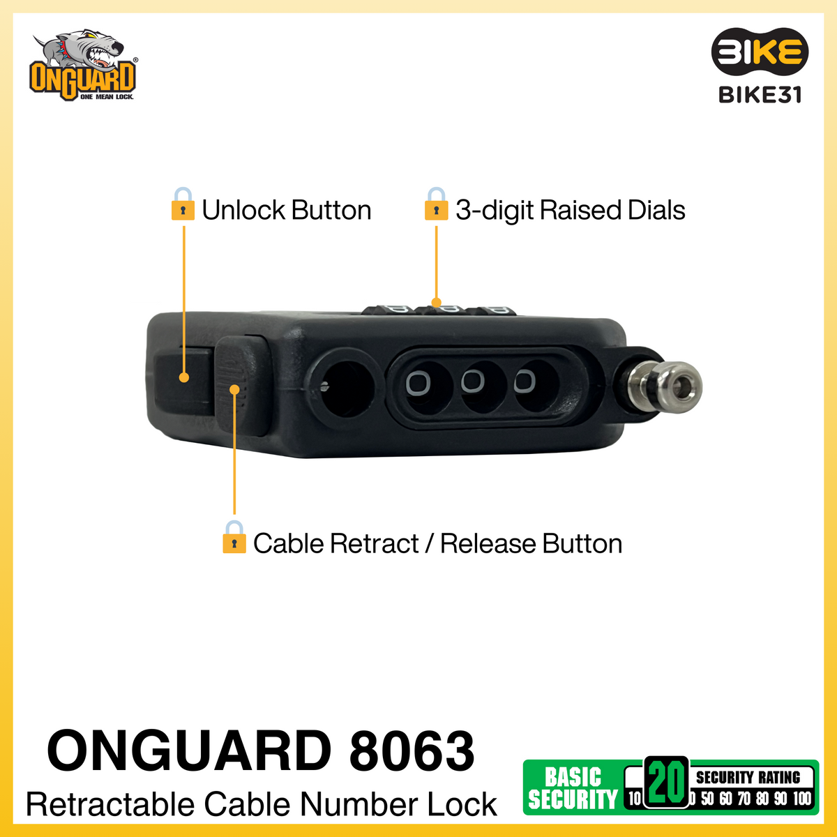 OnGuard 8063 Retractable Cable Number Bicycle Lock (90cm x 2mm dia)